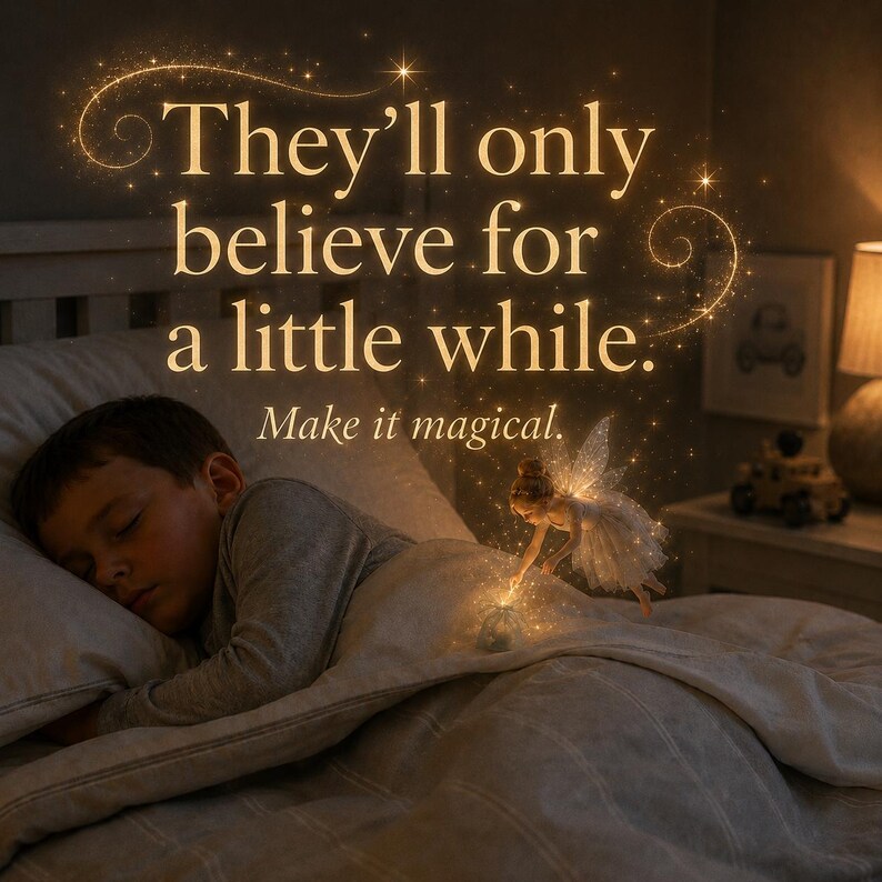 K&ouml;nnte beinhalten: Ein schlafendes Kind im Bett mit einer kleinen Fee, die &uuml;ber der Bettdecke schwebt. Das Bild enth&auml;lt den Text "They'll only believe for a little while. Make it magical." in goldener Schrift mit leuchtenden Funken und Lichtspuren.