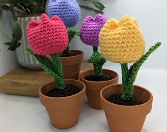 Handmade Tulip, crocheted tulip, potted tulip, fake flowers, flower pot, gift for her, mothers day gift