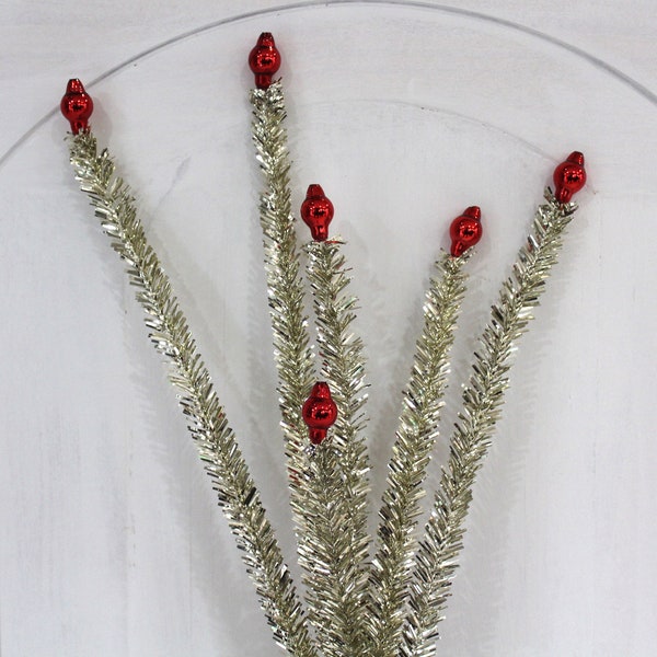 Vintage Style Silver Tinsel Christmas Stems With Red Mercury Glass Beads