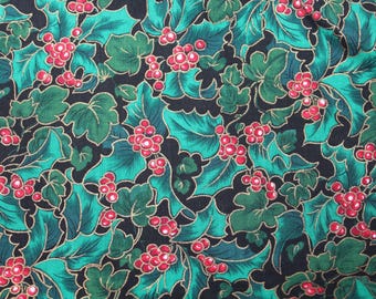 May include: A seamless fabric pattern featuring a repeating design of green holly leaves and red berries on a black background. The leaves have a gold outline, adding a touch of sparkle to the design.