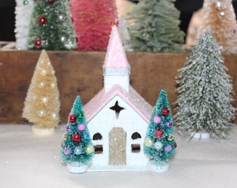 One Vintage Style Glitter Snowy Church Putz Church Ornament With Bottle Brush Trees Putz Chipboard Church