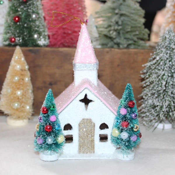 One Vintage Style Glitter Snowy Church Putz Church Ornament With Bottle Brush Trees Putz Chipboard Church
