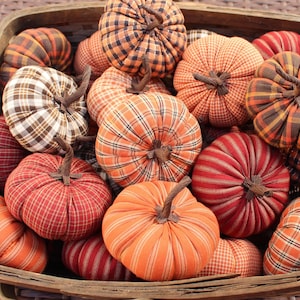 May include: A collection of stuffed fabric pumpkins in a woven basket. The pumpkins feature various patterns including orange, red, and brown plaid, gingham, and striped designs. Each pumpkin is topped with a dark brown twisted fabric stem.