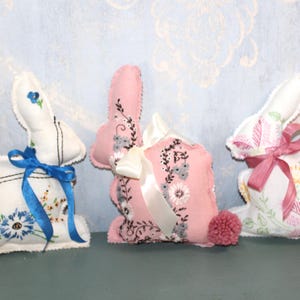 Handmade Bunnies From Vintage Embroidered Linens Vintage Embroidered Fabric Linen Bunny Handmade Fabric Bunny