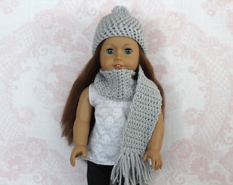 Handmade Crocheted Doll Scarf and Hat Set: Light Gray, Fits 18" Dolls