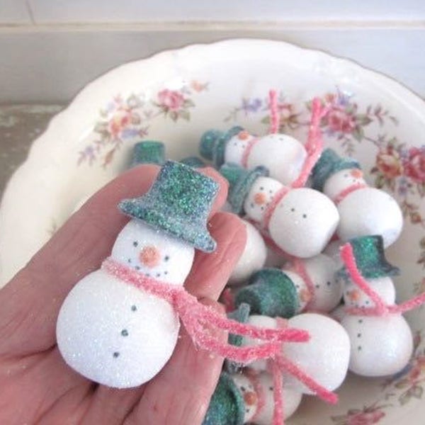 Set Of Three Adorable Hand Painted Glittered Snowmen Wooden Snowmen Miniature Snowmen Vintage Christmas Winter