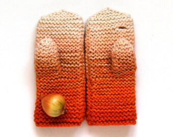 Hand knit mittens for young teenage girls, orange, beige, white ombre wool gloves, touchscreen gloves, rustic knit/ READY TO SHIP. Slim fit