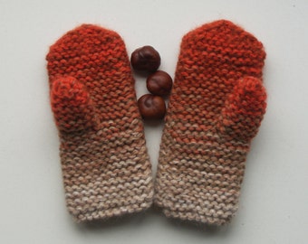 READY TO SHIP Gift for girl, Size: 6-8 year Orange Red white knitted mittens for girl, Rustic chunky knit, Warm wool texting mitts,