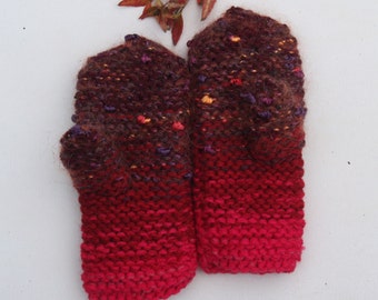 READY TO SHIP/ Gift for girl, Size: 6-8 years. Pink Red Purple Knitted mittens for girl, Rustic chunky knit, Warm wool mitts, String option