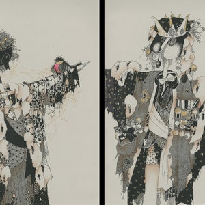 The King and Queen Diptych, Original Drawing, Art illustration, Art Print, Graphic art, Grey Wall art. Scarecrows Symbolic Home Guards. image 1