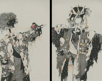 The King and Queen - Diptych, Original Drawing, Art illustration, Art Print, Graphic art, Grey Wall art. Scarecrows- Symbolic Home Guards.