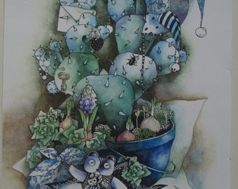 Original Drawing Housewife's Cactus illustration, Art Print of Original Ink Drawing, Watercolor Painting, Graphic art, Cactus Aquarelle