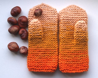 Hand knit mittens for women, orange, curry yellow, peach ombre wool gloves, touchscreen gloves, rustic knit/ READY TO SHIP. For left handed.