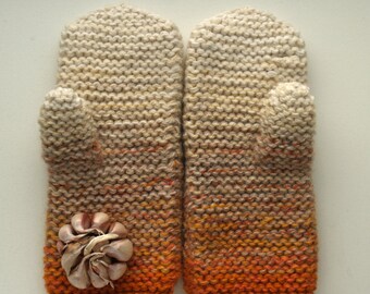 Hand knit mittens, wool mitts for women, rustic knit, orange, yellow, white ombre, touchscreen gloves. Warm winter accessory. READY TO SHIP