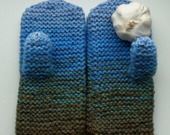 Hand knitted mittens for women, blue, azure, green, brown mitts, rustic knit, touchscreen / texting gloves, warm wool mittens READY TO SHIP