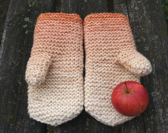 Orange ombre  mittens, hand knitted for women, rustic knit, touchscreen gloves. READY TO SHIP