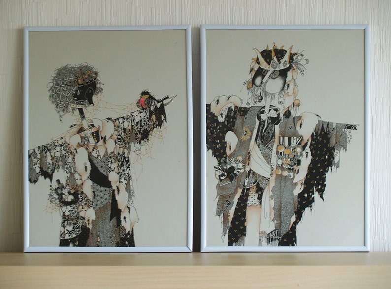 The King and Queen Diptych, Original Drawing, Art illustration, Art Print, Graphic art, Grey Wall art. Scarecrows Symbolic Home Guards. image 2