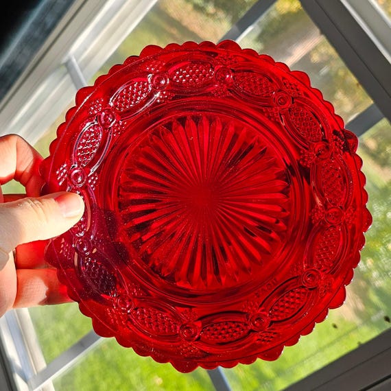 Vintage Avon Cape Cod Red Glass Dessert Plate | Embossed Victorian Home Decor