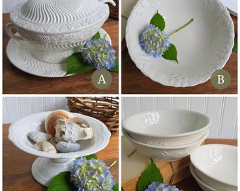 Vintage White Ceramic Fruit Bowl, Pedestal Bowl, Centerpiece Bowl, Tray, Farmhouse or Cottage Style Kitchen, French Country Home Decor