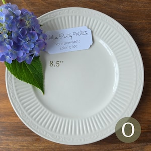May include: A white ceramic plate with a ribbed rim and embossed border detail, measuring 8.5 inches. A tag reads Miss Purity White Your true-white color guide. A cluster of blue hydrangea flowers with green leaves rests on the edge of the plate.