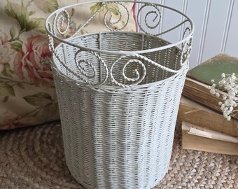Vintage White Wicker Waste Basket, Cottage Magazine Basket, French Country Storage Basket, Farmhouse Bathroom Decor, Shabby Chic Organizer