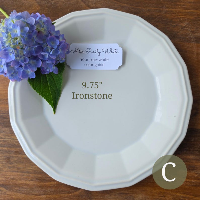 May include: A white ironstone plate with a faceted octagonal rim, measuring 9.75 inches in diameter. A label reads Miss Purity White Your true-white color guide. A cluster of blue hydrangea flowers with green leaves rests on the plate edge.