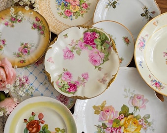 Vintage Floral Plates - China Plates with Pink Roses and Colorful Flowers - Grandmillennial or English Cottage Mix & Match Plates for Wall