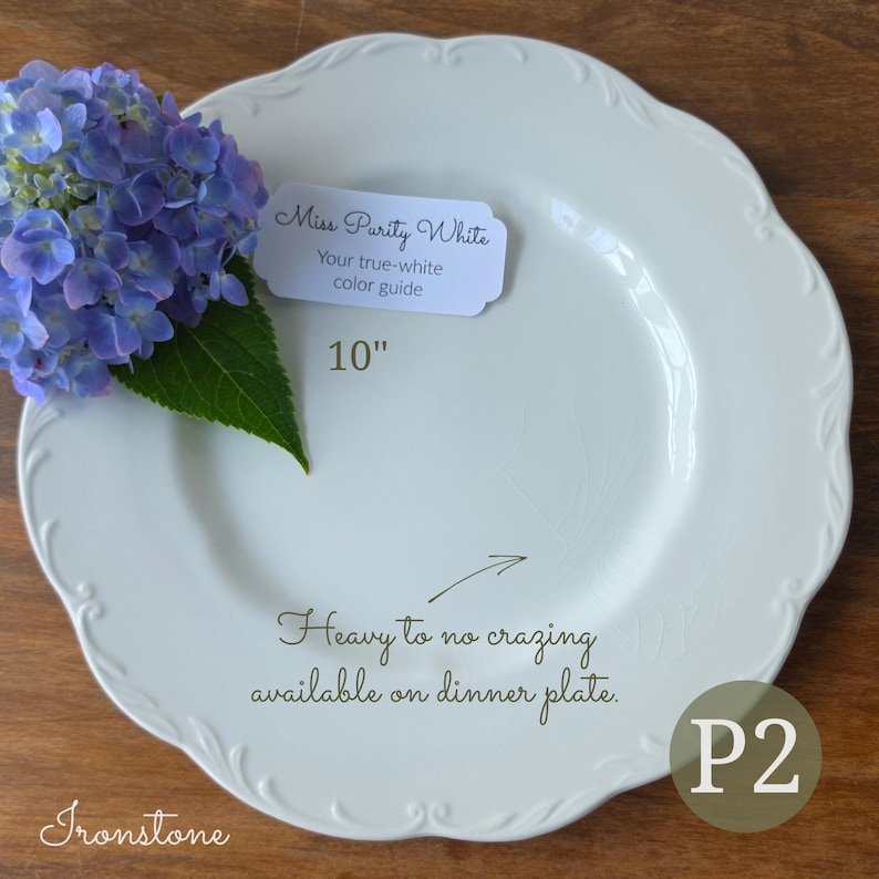 May include: A 10-inch white ironstone dinner plate with a scalloped edge. A tag reads Miss Purity White Your true-white color guide. Text on the plate indicates heavy to no crazing available on dinner plate. A blue hydrangea flower is present.