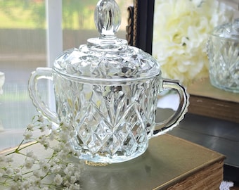 Vintage Crystal style Sugar Bowl with Lid and Handles – Cut Glass Candy Dish – Cottage Tea Table Decor – Trinket Bowl – Tea Table Decor