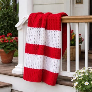 Vintage Crocheted Afghan: Red and White Striped Throw Blanket, Nebraska Huskers, NC State or Alabama Decor Accent