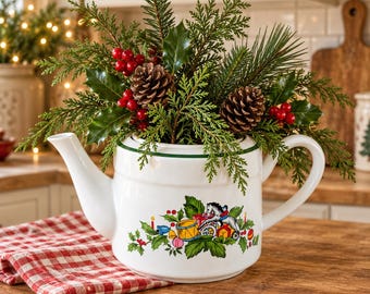 Vintage Festive Christmas Teapot, 5 Cup Stoneware with Holly, Berries, Toys and Candles, Cute Holiday Shelf Decor or  Tea Table Centerpiece
