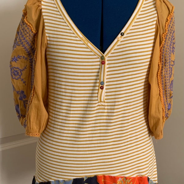 Woman’s Top Refashioned Size S/M mustard yellow striped with floral trim and embroidered sleeves