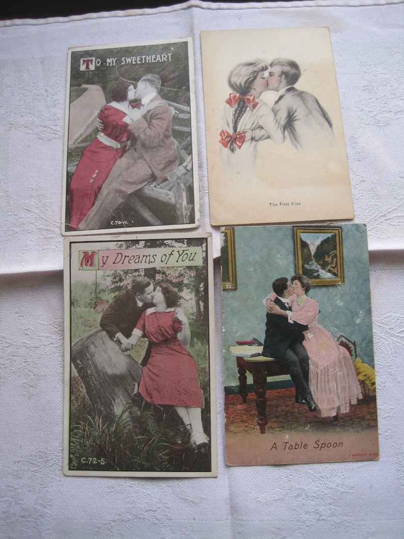 or the last??..lot of 4 romance postcards..lot of 4..themed..the first Kiss suitable for framing