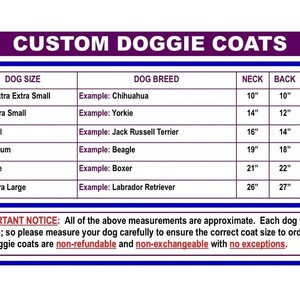 May include: A chart with a size guide for custom dog coats. The chart lists different dog sizes, from extra extra small to extra large, with corresponding breed examples and neck, back, and chest measurements in inches.