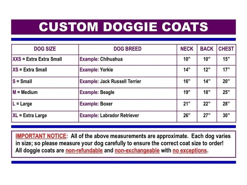 May include: A chart with a size guide for custom dog coats. The chart lists different dog sizes, from extra extra small to extra large, with corresponding breed examples and neck, back, and chest measurements in inches.