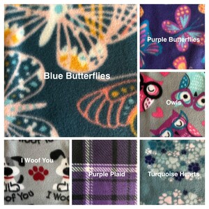 May include: A collage of six different fabric swatches with various patterns. The swatches include blue butterflies, purple butterflies, owls, a plaid pattern, a dog print with the text "I Woof You", and turquoise hearts.