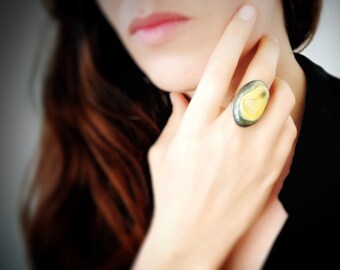 Gem Ring // Silver Ring With Semi Precious Stone // Eclipse Jasper Ring // Gemstone Jewelry// Yellow Ring // Oval Ring // Big Ring for Women