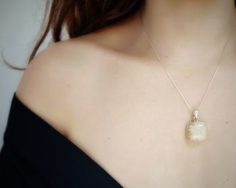 Square Silver Necklace // Stone Pendant // Fossil Coral Natural Necklace // Unique Jewelry for Woman // White Silver Pendant // Minimalist