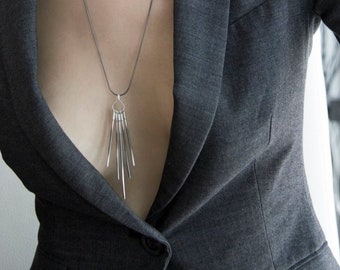 25% OFF Chandelier Necklace, Silver Bar Necklace, Porcupine Pendant, Tribal Boho Chic Jewelry, Oxidized Silver in Handmade