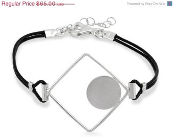 On Sale 25% OFF Geometric Silver Square Bracelet, Black Leather Bracelet, Brushed Silver Jewelry, Minimaliste Style, Dainty Jewelry for