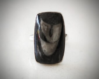 Rectangle Ring // Natural Orthoceras Stone  // Black Stone Ring // Sterling Silver Ring with Stone // Classic Shape ring // 7 US Size