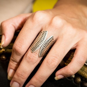 Silver Tribal Ring, Ethnic Jewelry, Stunning Open Ring, Long Sterling Silver Ring, Stamping Jewelry, Statement Ring, Valentines Gift Idea