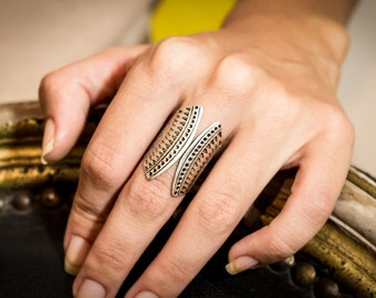 Silver Tribal Ring, Ethnic Jewelry, Stunning Open Ring, Long Sterling Silver Ring, Stamping Jewelry, Statement Ring, Valentines Gift Idea