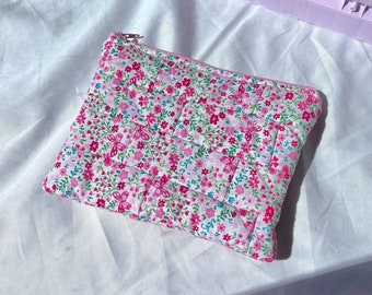 Patchwork Flat Pouch - Pink Floral Gingham - Cosmetische tas, toilettas, plat zakje, bloemen make-up tas, cadeaus voor haar