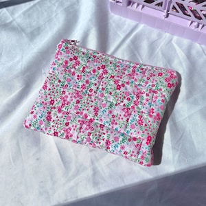 Patchwork Flat Pouch - Pink Floral Gingham - Cosmetic Bag, Toiletry Bag, Flat pouch, Floral makeup bag, Gifts for her