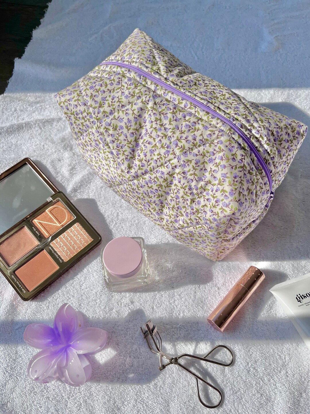 Handmade Quilted Makeup Bag Purple Floral Bag Cosmetic Etsy