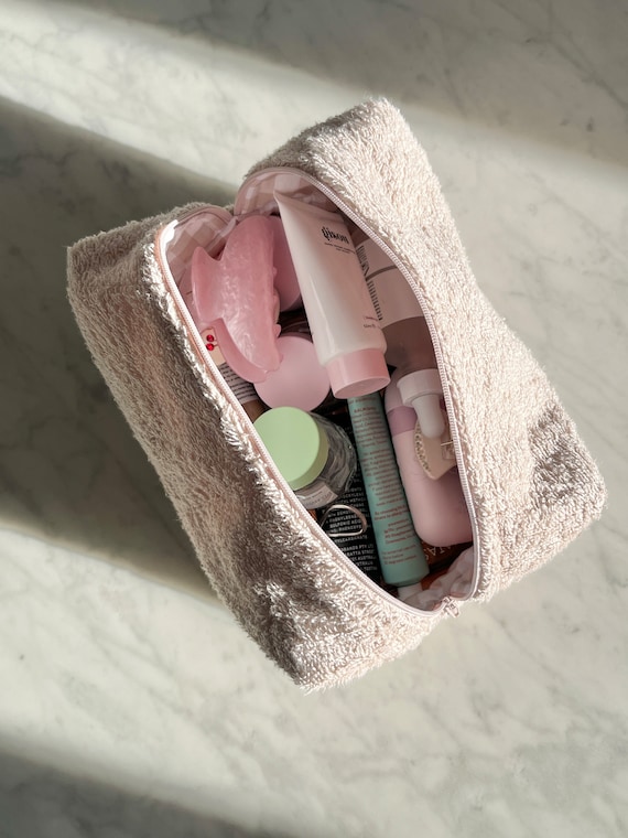 Handmade Quilted Terry Cloth Makeup Bag Beige Terry Bag