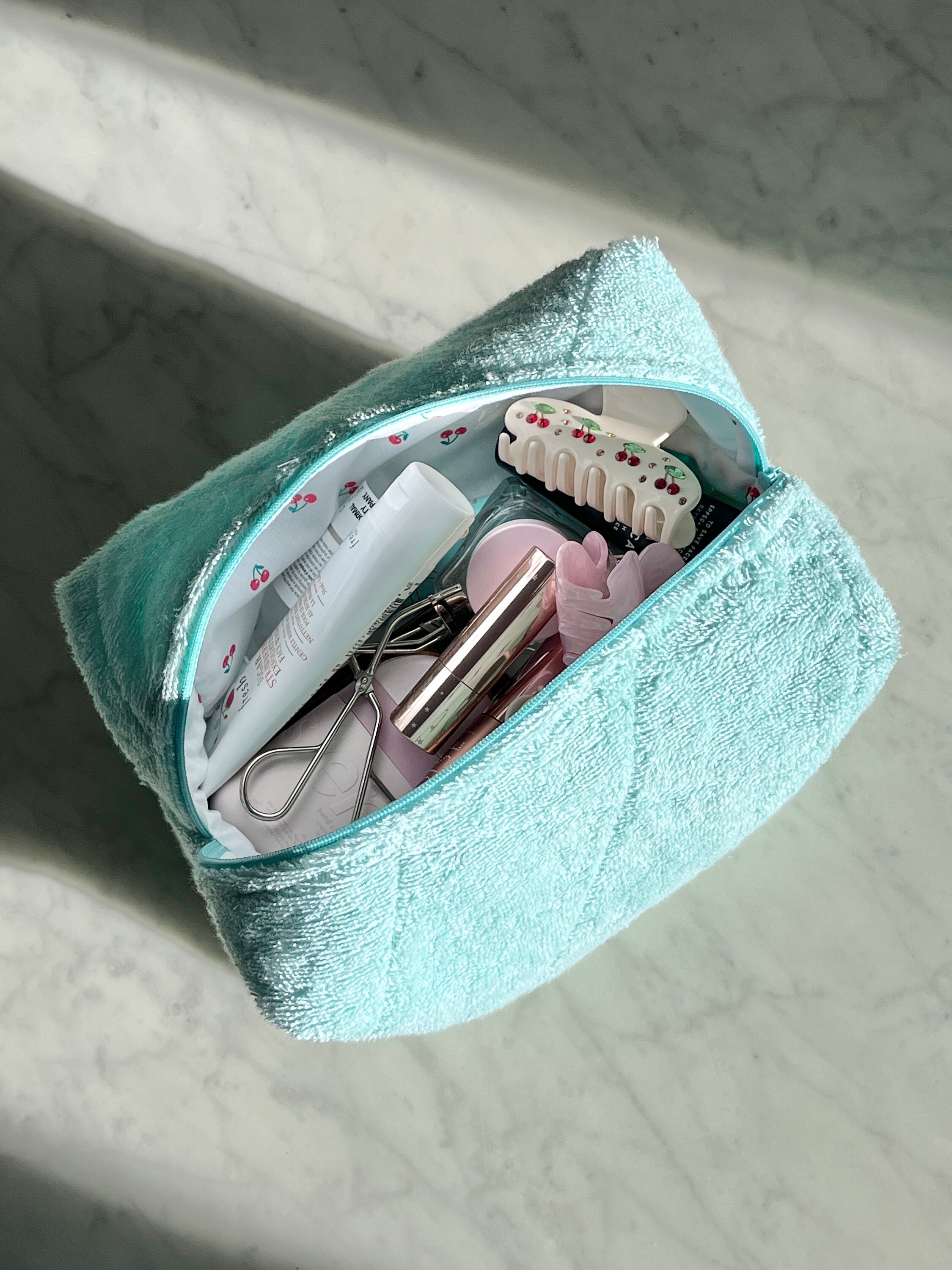 Handmade Quilted Terry Cloth Makeup Bag Turquoise Terry Bag