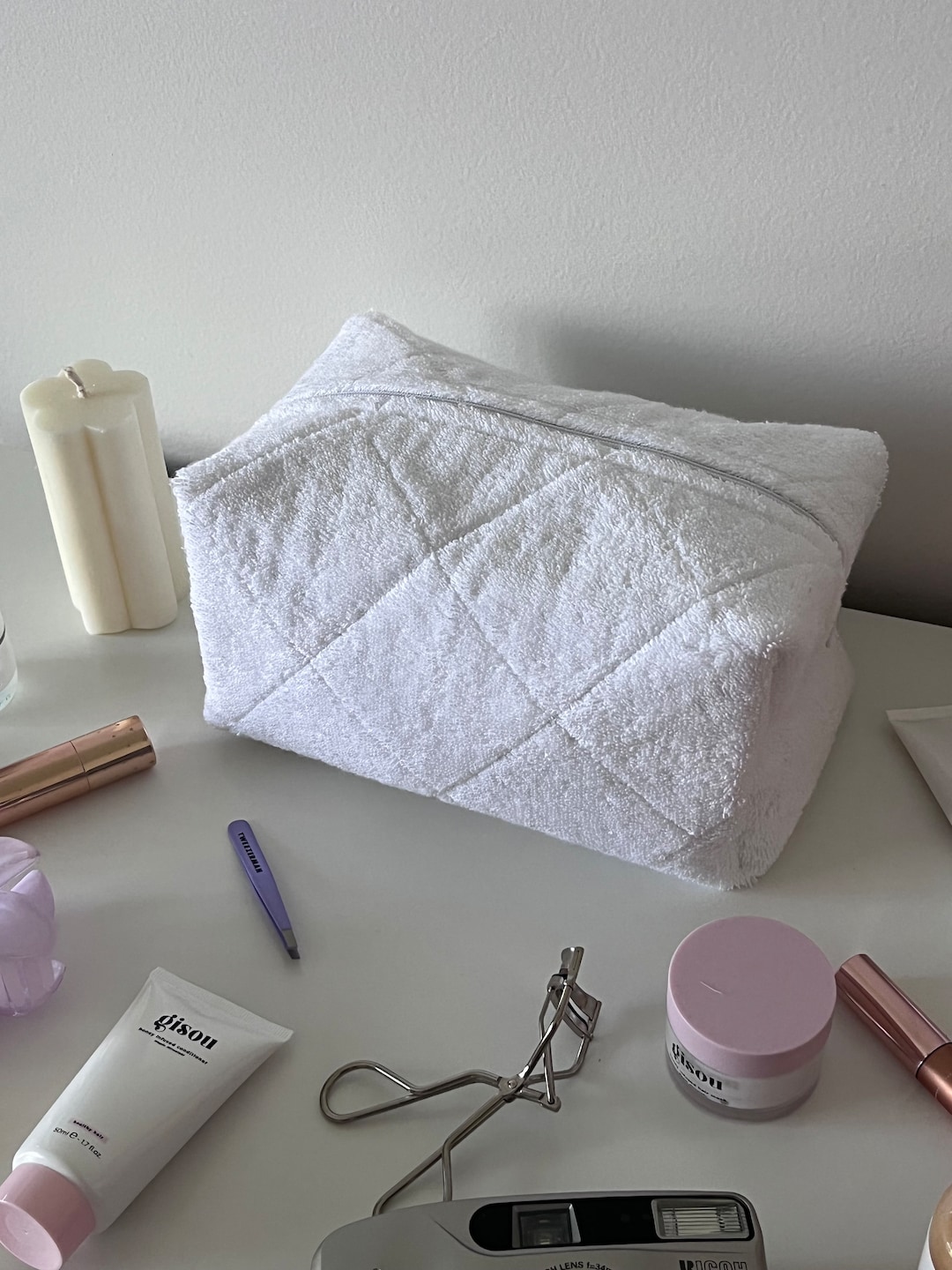 Handmade Quilted Terry Cloth Makeup Bag White Terry Bag Cosmetic Bag