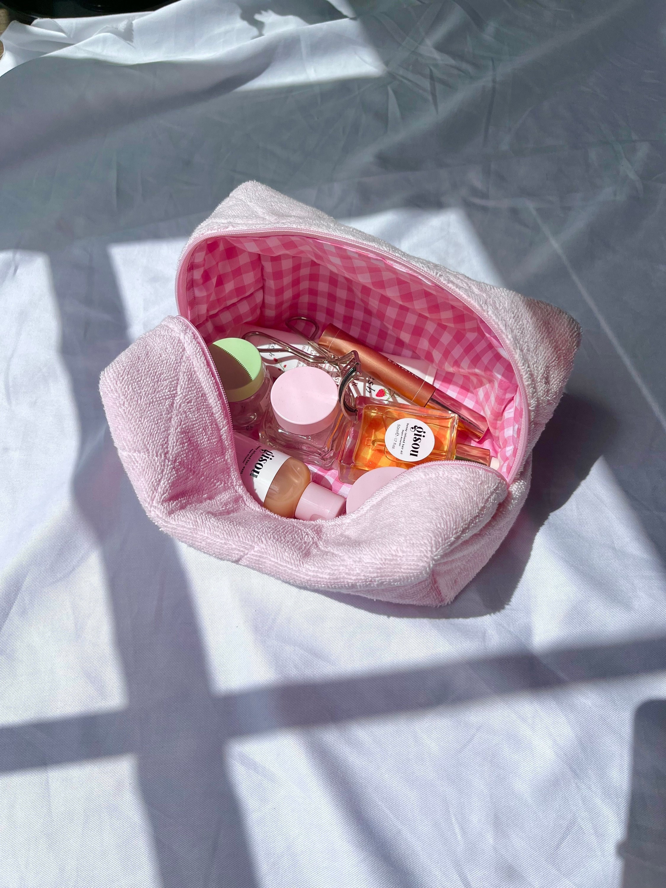 Makeup Bag Terrycloth Towelling Quilted Cosmetics Bag Teddy Pink